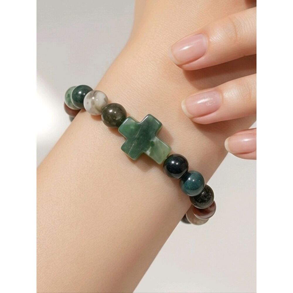 Natural Indian Agate Green Aventurine Cross Stretch Bracelet Christian Gift